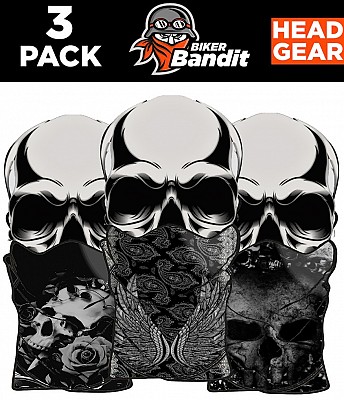 Lot De 3 Bandanas Biker Bandit Rose Skull Blanc Cou Tube Cagoule Cou